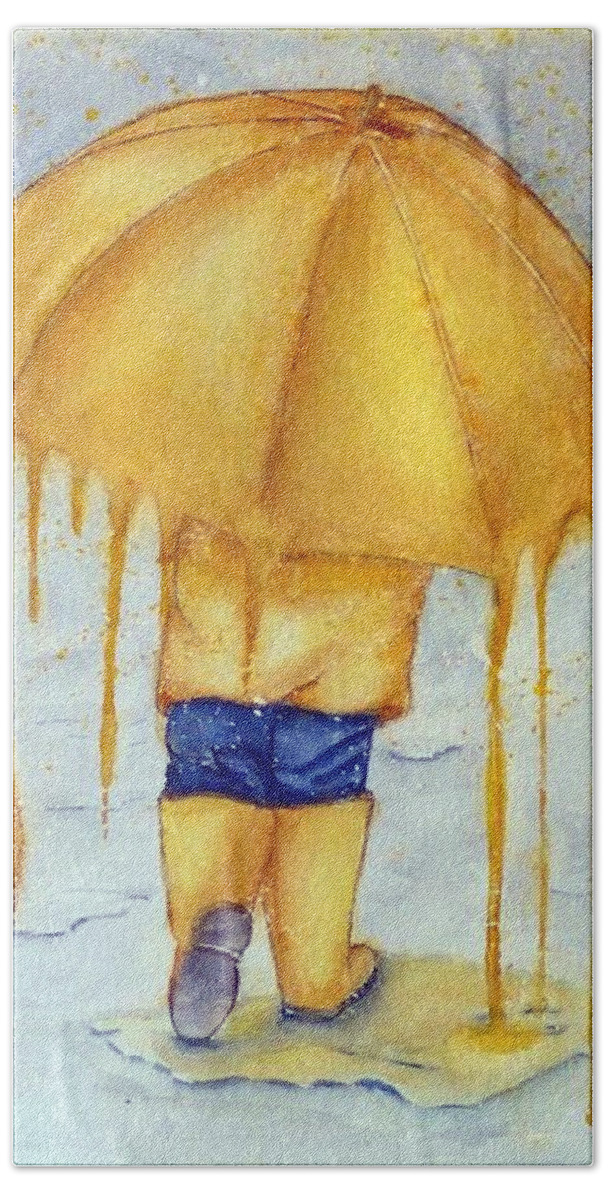Yellow Umbrella Bath Towel featuring the painting Melting Yellow Umbrella by Kelly Mills