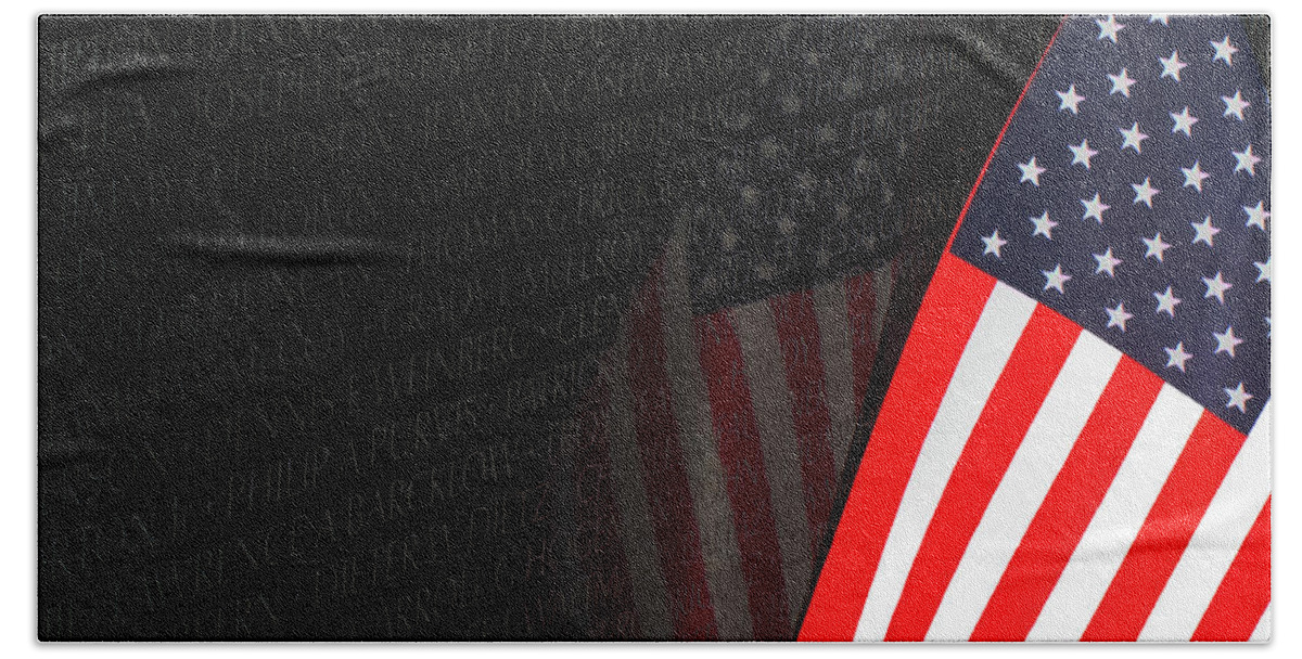 Old Glory Hand Towel featuring the photograph Memorial Wall and Old Glory by Ram Vasudev