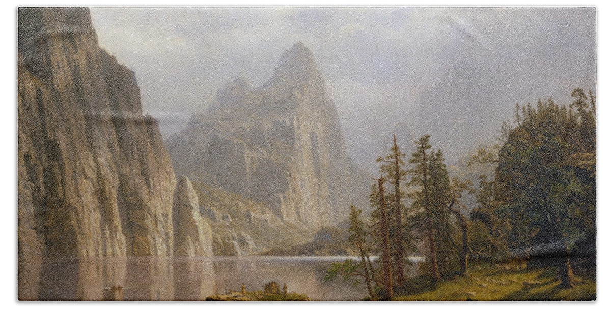 Merced River Hand Towel featuring the painting Merced River - Yosemite Valley - Albert Bierstadt 1866 by War Is Hell Store