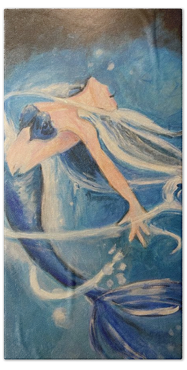 Blue Mermaid Bath Towel featuring the painting Mermaid Ecstasy by Denice Palanuk Wilson