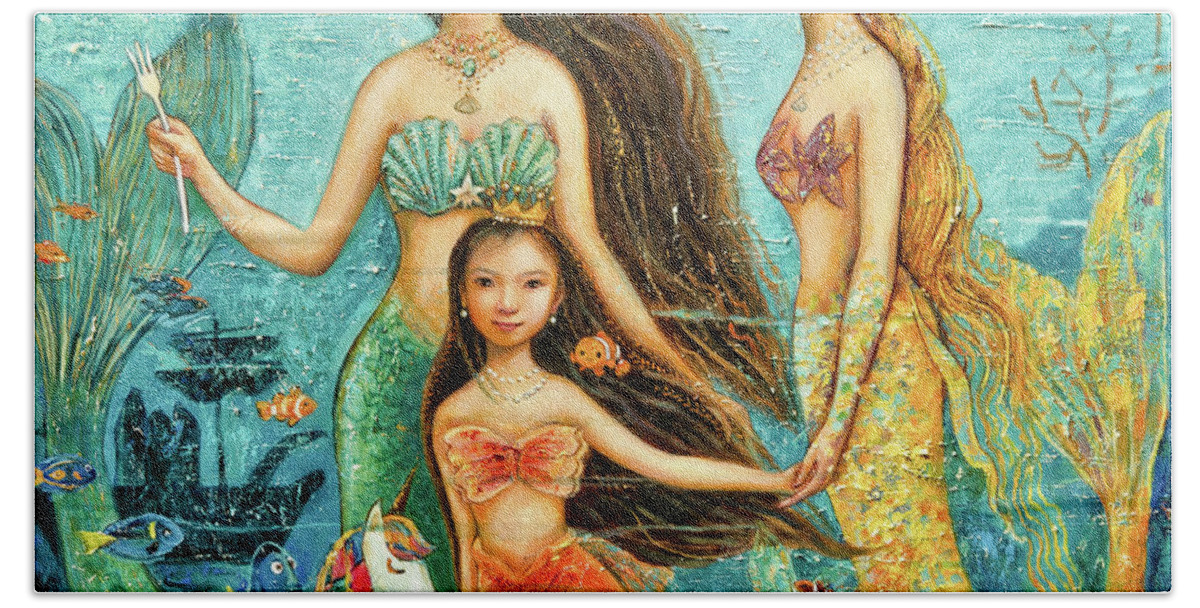 Mermaid Hand Towel featuring the painting Mermaid Sisters by Shijun Munns