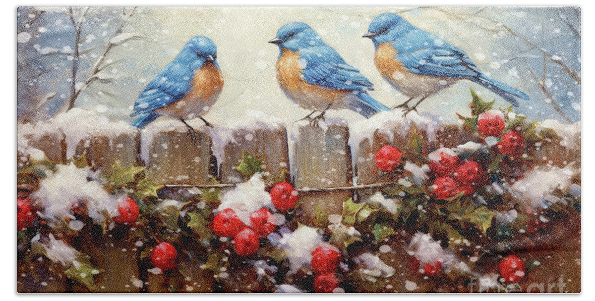 Bluebirds Bath Towel featuring the painting Merry Christmas Bluebirds by Tina LeCour
