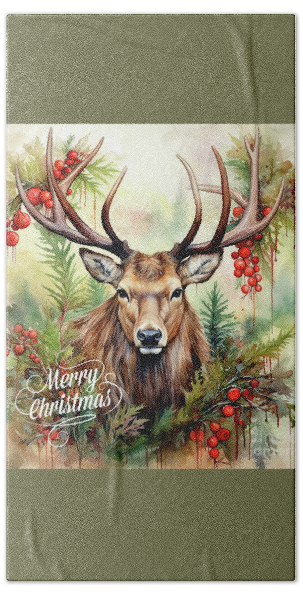 Christmas Hand Towel featuring the painting Merry Christmas Elk by Tina LeCour