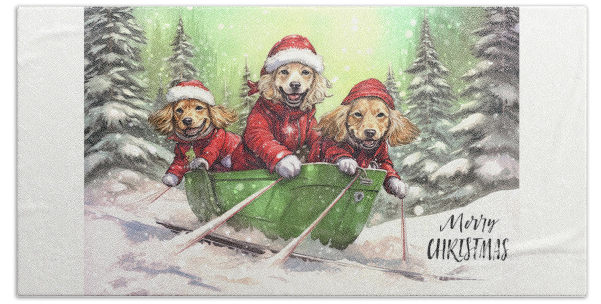 Merry Christmas Bath Towel featuring the painting Merry Christmas Pups by Tina LeCour