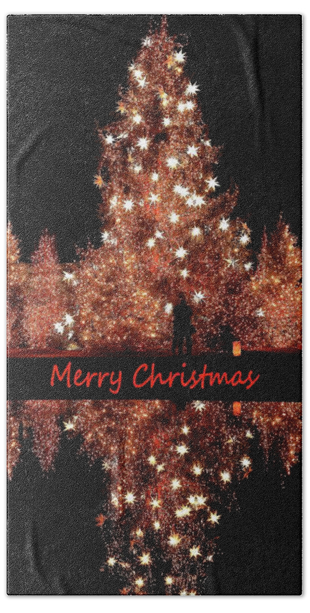 Christmas Card Bath Towel featuring the photograph Merry Christmas Tree Lights Up by Carol Montoya