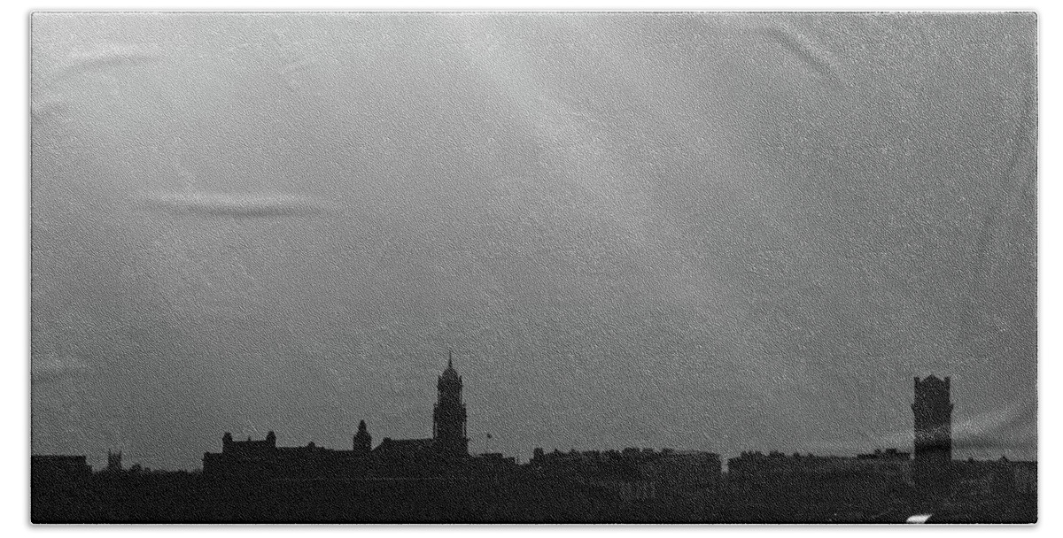 Liverpool; River Mersey; Black And White; Landscape; Cityscape; Skyline; Great Britain; Merseyside; Wirral Birkenhead; Sunbeams; Silhouette; Sky; Clouds; England; Bath Towel featuring the photograph Mersey Sunbeams by Lachlan Main