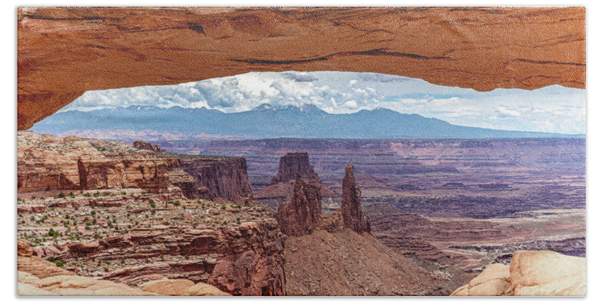 Canyonlands National Park Bath Towel featuring the photograph Mesa Arch Window to La Sal by Jack Peterson
