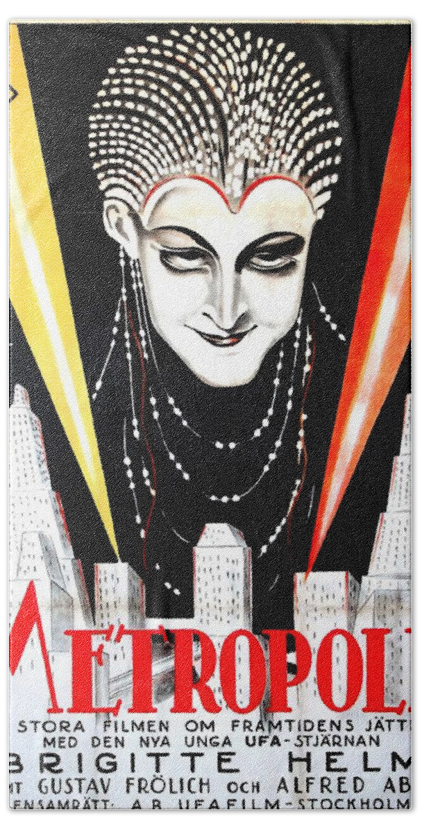 Aslund Hand Towel featuring the mixed media ''Metropolis'', 1927 - art by John Aslund by Movie World Posters