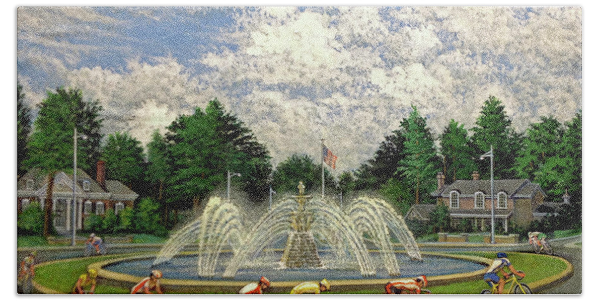 Landscape Hand Towel featuring the painting Meyer Circle Fountain by George Lightfoot
