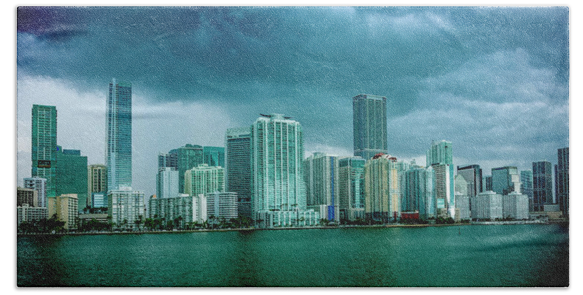Biscayne Bay Bath Towel featuring the digital art Miami Skyline from Biscayne Bay by SnapHappy Photos