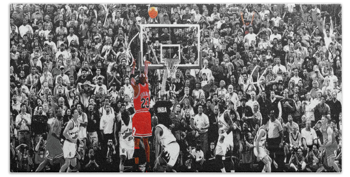 Michael Jordan Hand Towel featuring the mixed media Michael Jordan The Last Shot 1c by Brian Reaves