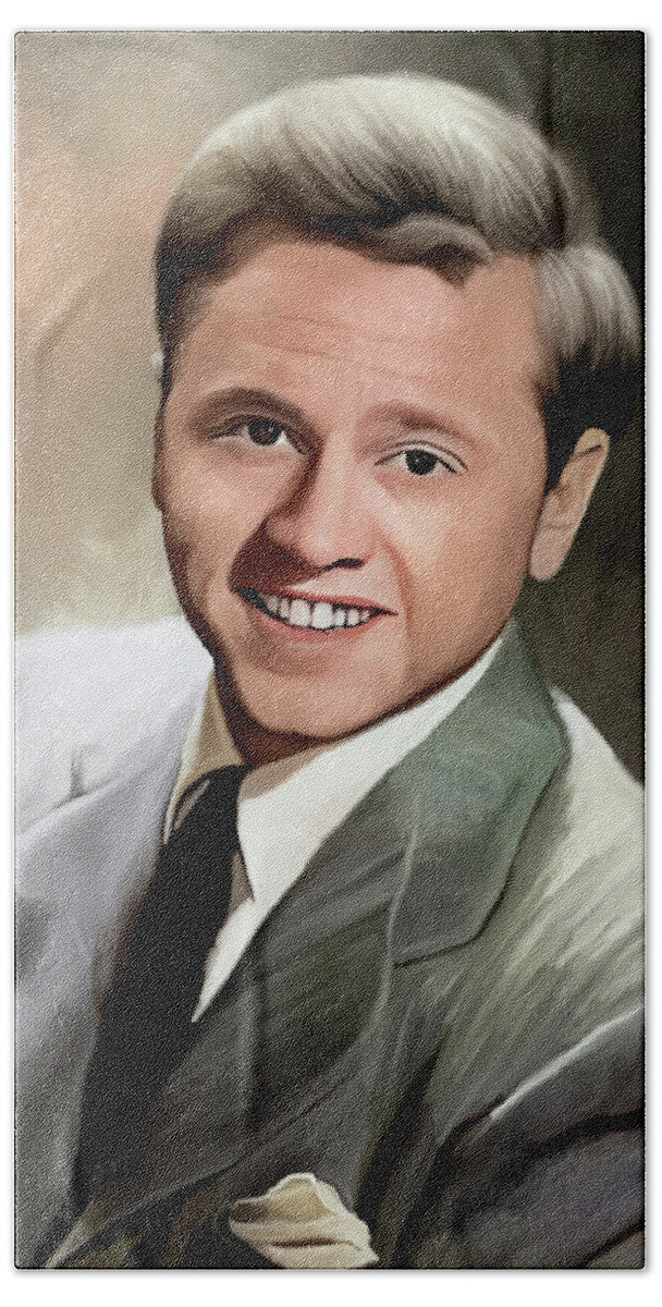 Mickey Rooney Hand Towel featuring the painting Mickey Rooney illustration by Movie World Posters