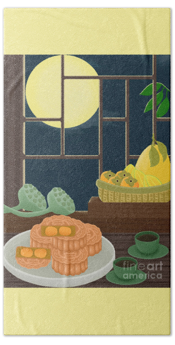 Moon Cakes Bath Towel featuring the drawing Mid-Autumn Festival Moon Cake Illustration by Min Fen Zhu