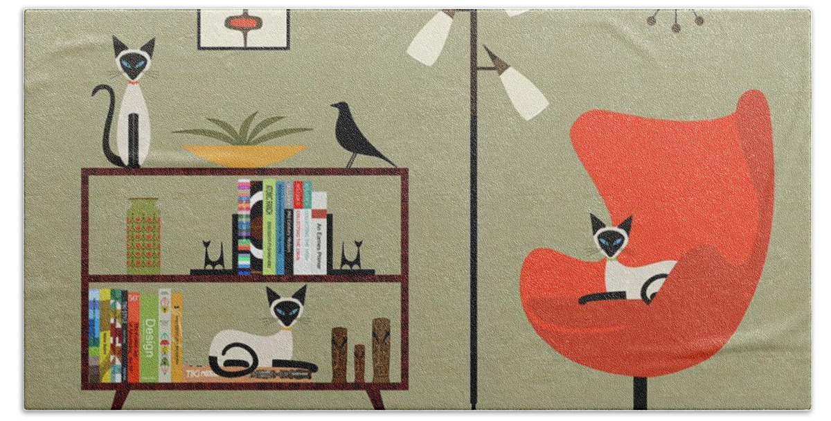 Mid Century Modern Bath Towel featuring the digital art Mid Century Bookcase Room with Siamese by Donna Mibus