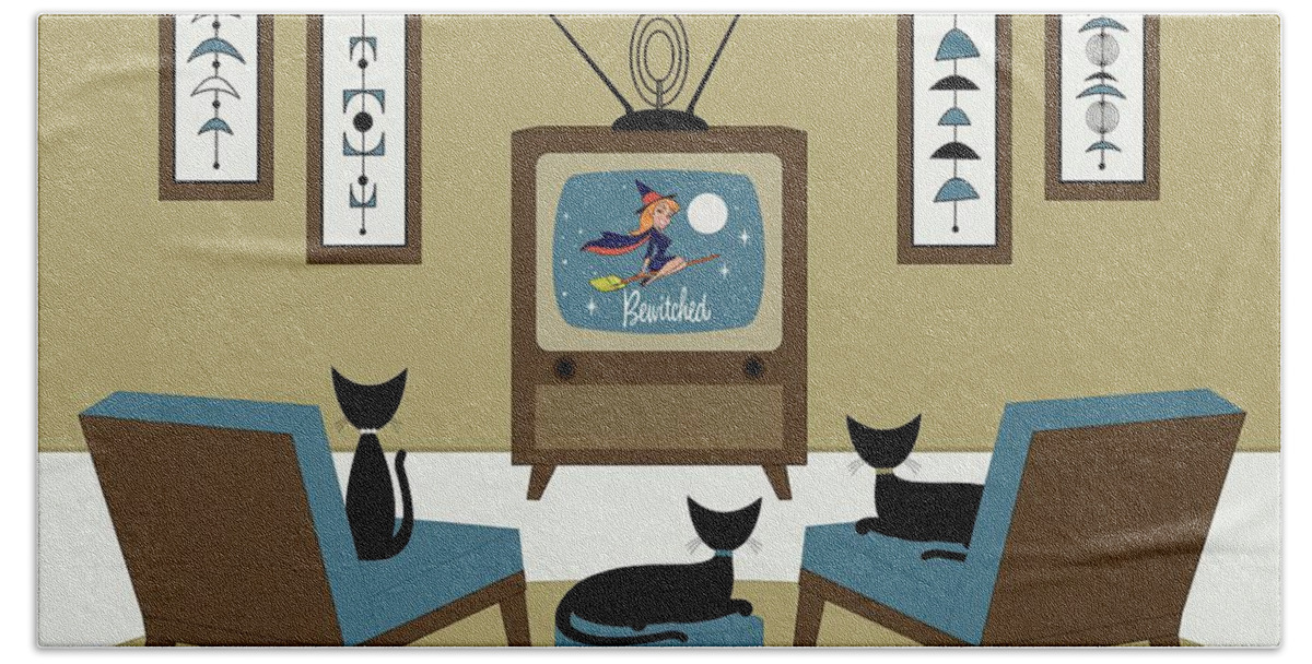 Cats Bath Towel featuring the digital art Mid Century Cat Watching TV by Donna Mibus
