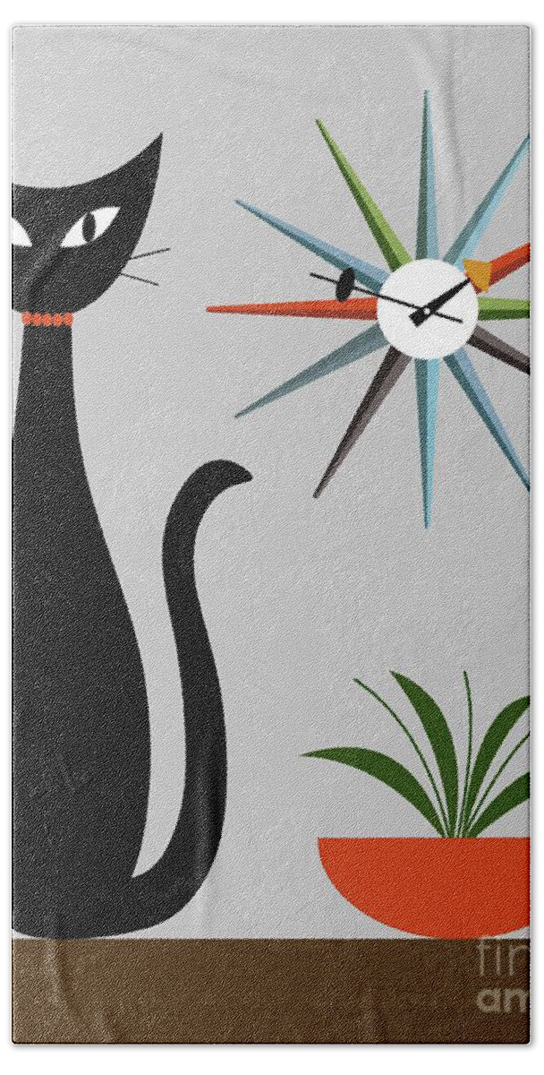 Mid Century Cat Bath Towel featuring the digital art Mid Century Cat with Starburst Clock on Gray by Donna Mibus