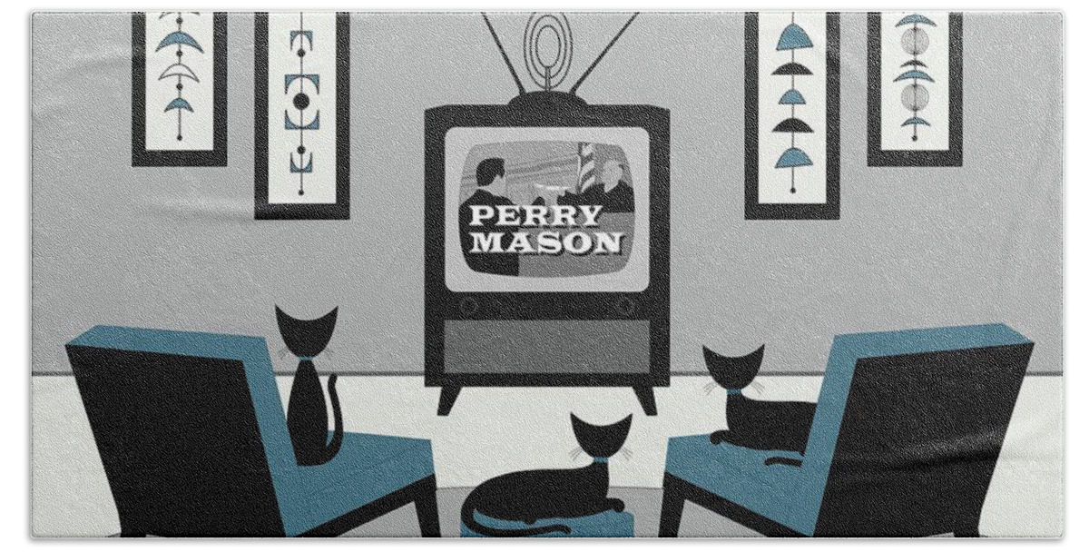 Mid Century Cat Bath Towel featuring the digital art Mid Century Cats Watch Perry Mason by Donna Mibus