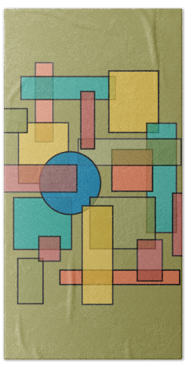 Mid Century Bath Towel featuring the digital art Mid Century Modern Blocks, Rectangles and Circles with horizontal Background by DB Artist