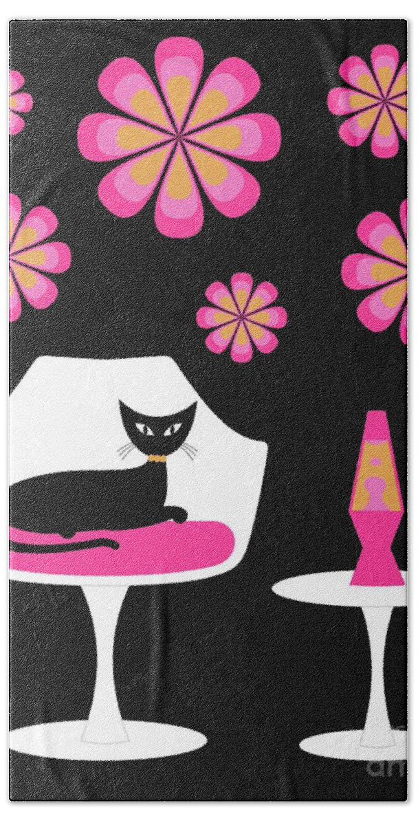 Mid Century Cat Bath Towel featuring the digital art Mid Century Tulip Chair with Pink Mod Flowers by Donna Mibus