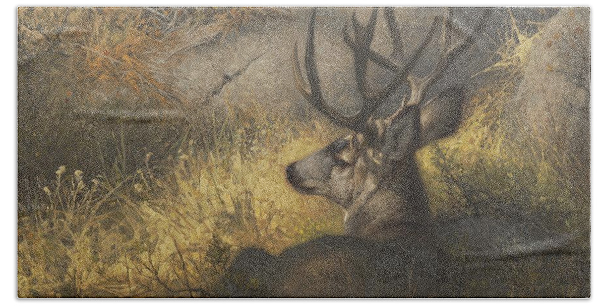 Deer Bath Towel featuring the painting Mid-Morning Siesta by Greg Beecham
