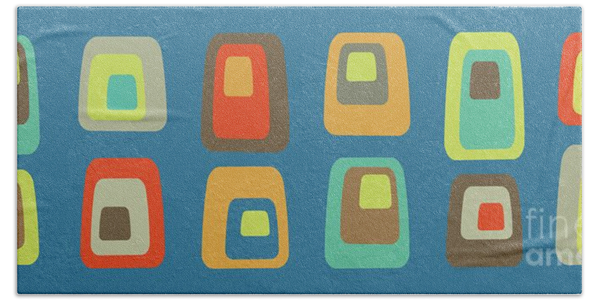  Bath Towel featuring the digital art MidCentury Oblongs on Blue by Donna Mibus