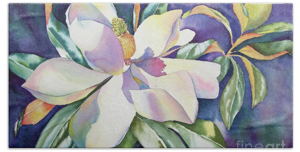 Magnolia Hand Towel featuring the painting Midnight Magnolia by Liana Yarckin