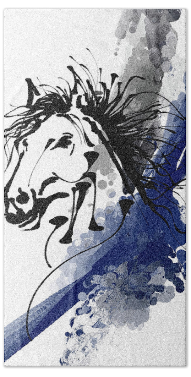 Horse Racing Hand Towel featuring the painting Midnight Majesty - Modern Horse Abstract Art - Indigo Blue Modern Art by Lourry Legarde