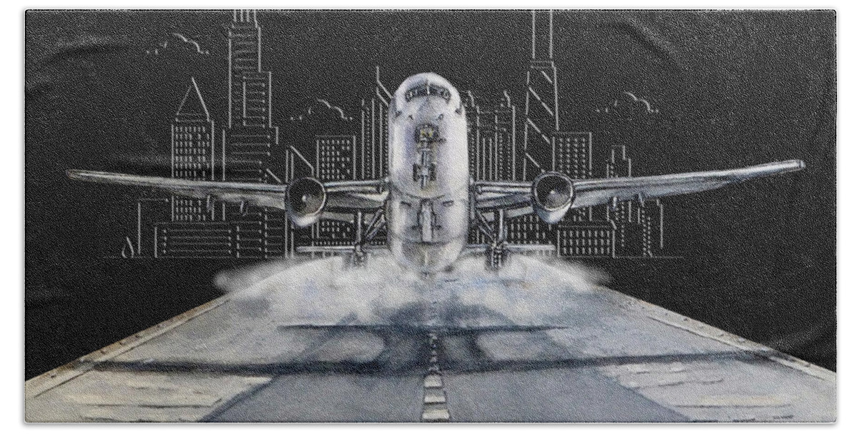 Plane Bath Towel featuring the mixed media Midnight Take Off by Kelly Mills