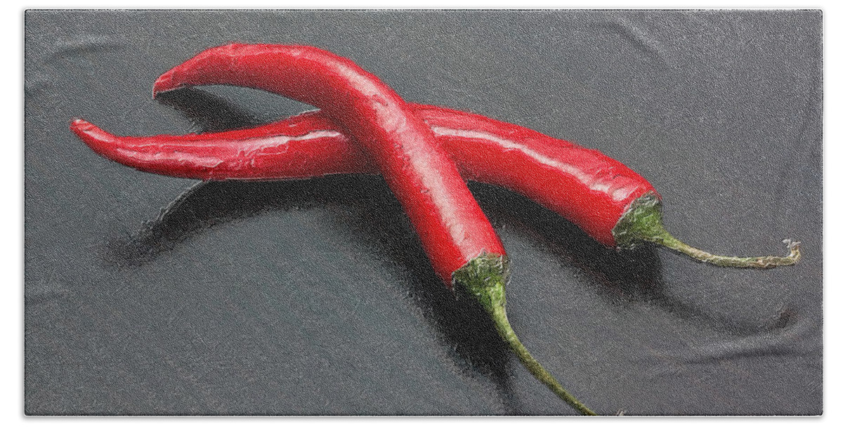 Spices Bath Towel featuring the painting Mild Medium Hot Fire Breathing Red Chili Peppers by Tony Rubino