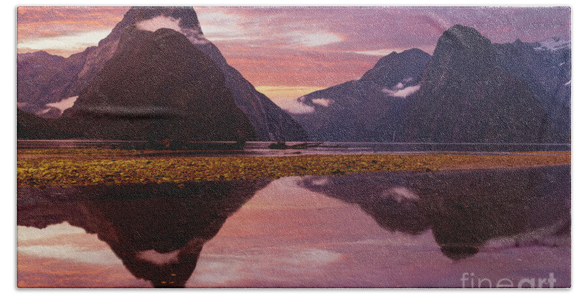 Sunset Hand Towel featuring the photograph Milford Sound Sunset, New Zealand by Neale And Judith Clark