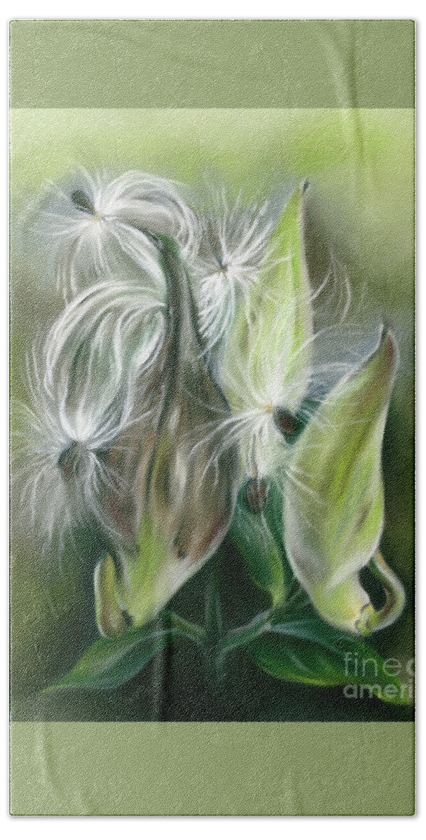 Botanical Bath Towel featuring the painting Milkweed Pods and Seeds by MM Anderson