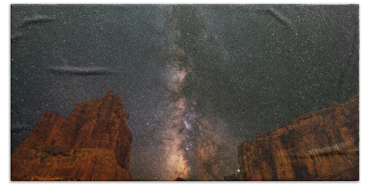 Arches National Park Hand Towel featuring the photograph Milky Way at Courthouse Towers by Dan Norris