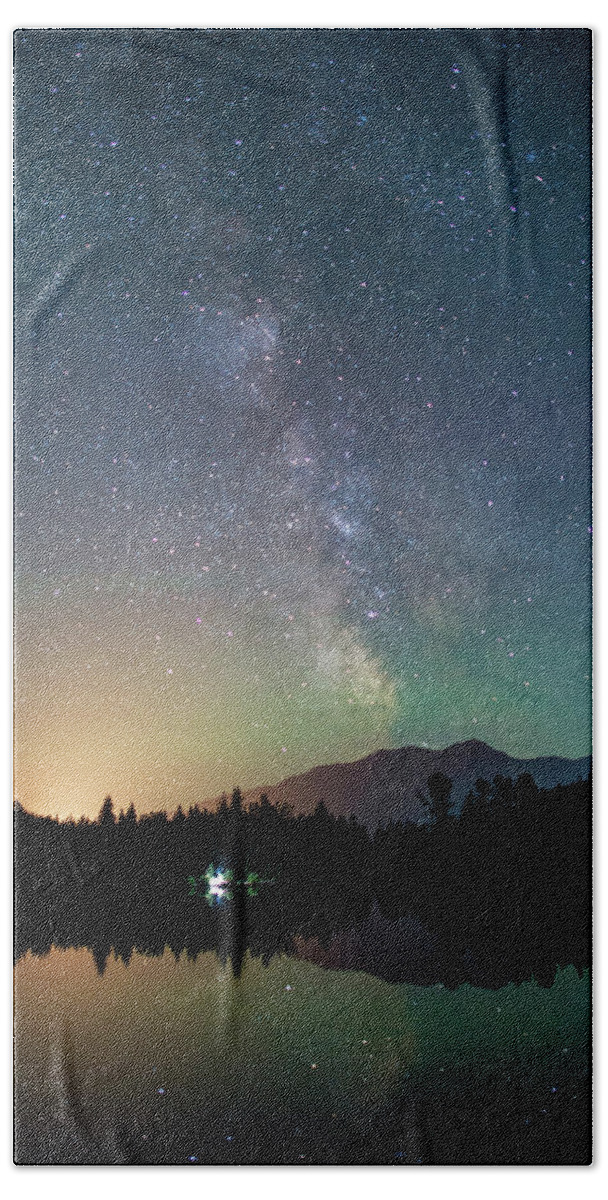 Outdoor; Milky Way; Gold Creek Pond; Snoqualmie Pass; Washington Beauty Bath Towel featuring the digital art Milky way from Gold Creek Pond by Michael Lee