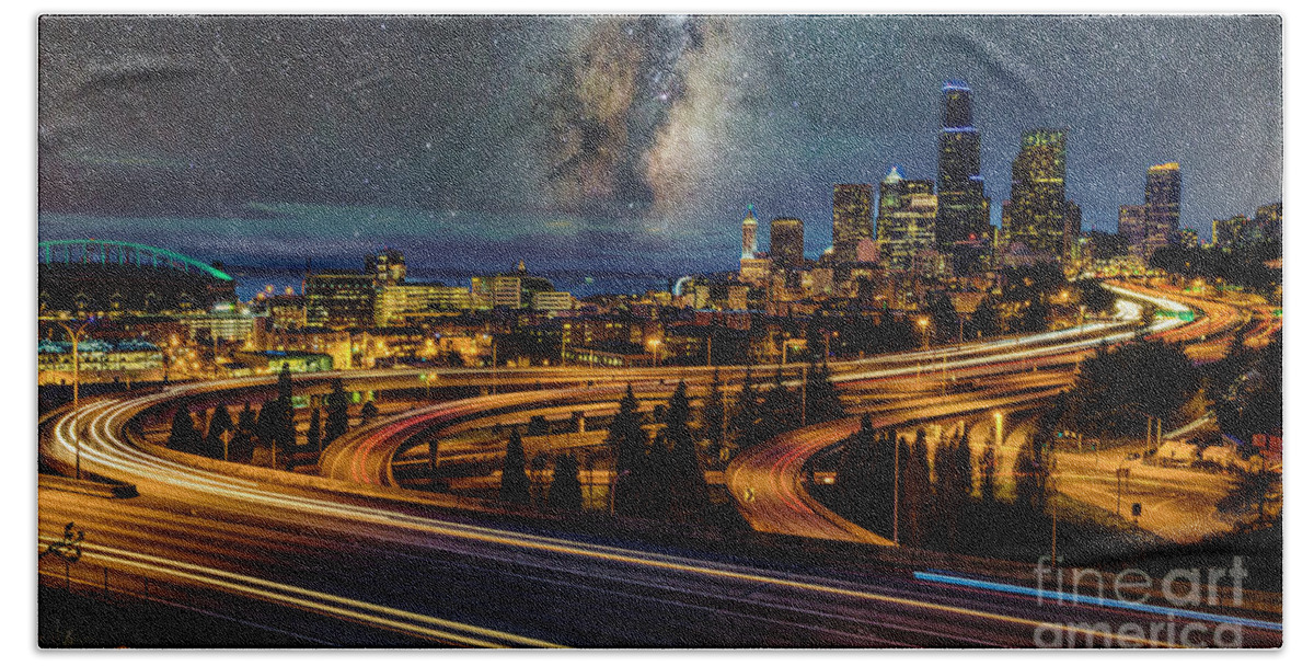 Downtown Bath Towel featuring the photograph Milky Way Night in Seattle by Sal Ahmed