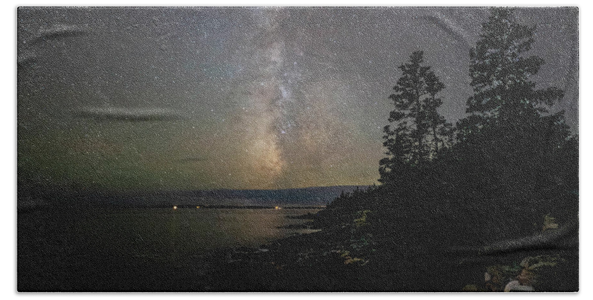 Milky Way Hand Towel featuring the photograph Milky Way over Acadia Western Point by GeeLeesa Productions