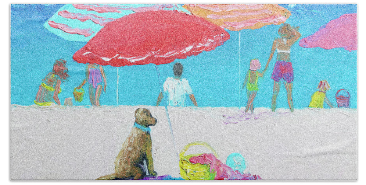 Beach Bath Towel featuring the painting Minding the picnic under a Red Umbrella, beach scene by Jan Matson
