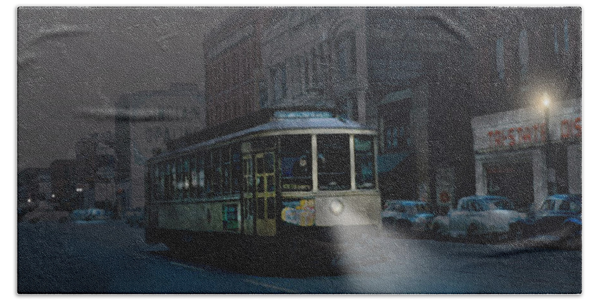 Minneapolis Bath Towel featuring the digital art Minneapolis 1952 - Streetcar by Glenn Galen