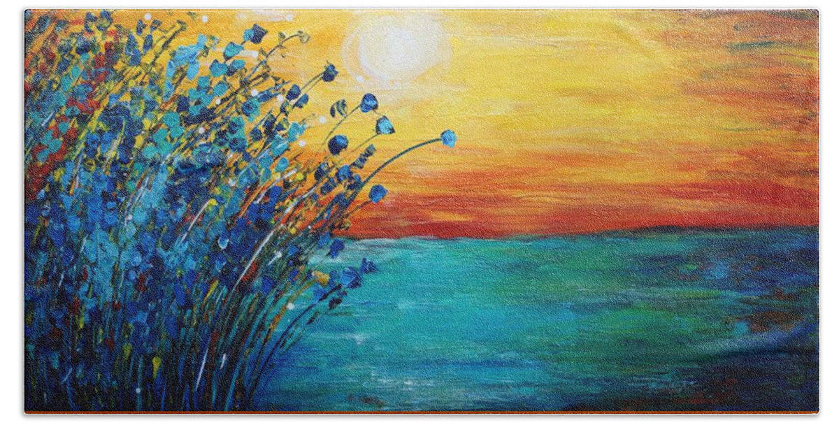 Minnesota Sunset Bath Sheet featuring the painting Minnesota Sunset by Luiza Vizoli