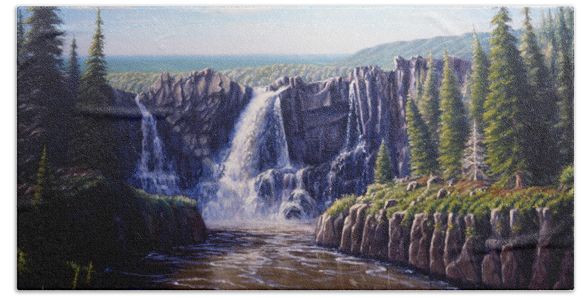 Landscape Bath Towel featuring the painting Minnesota's High Falls by Rick Hansen