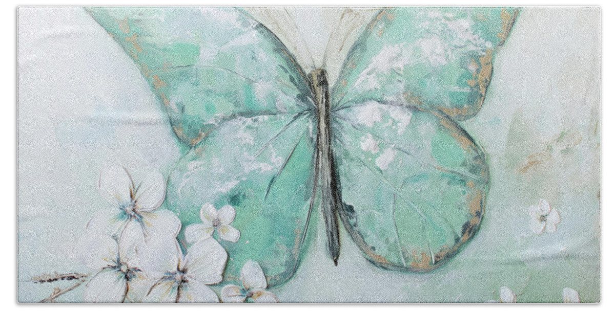 Butterfly Bath Towel featuring the painting Mint Green Butterfly by Tina LeCour