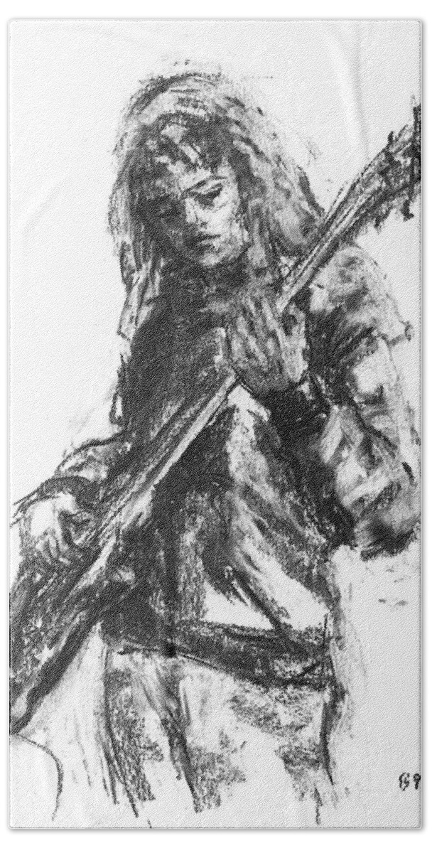 Bass Bath Towel featuring the drawing Miss Ibanez 1 by Barbara Pommerenke