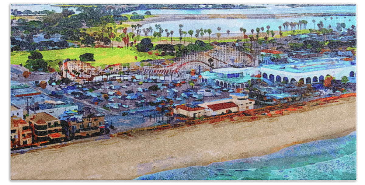 Mission Bath Towel featuring the painting Mission Beach to Downtown San Diego by Russ Harris