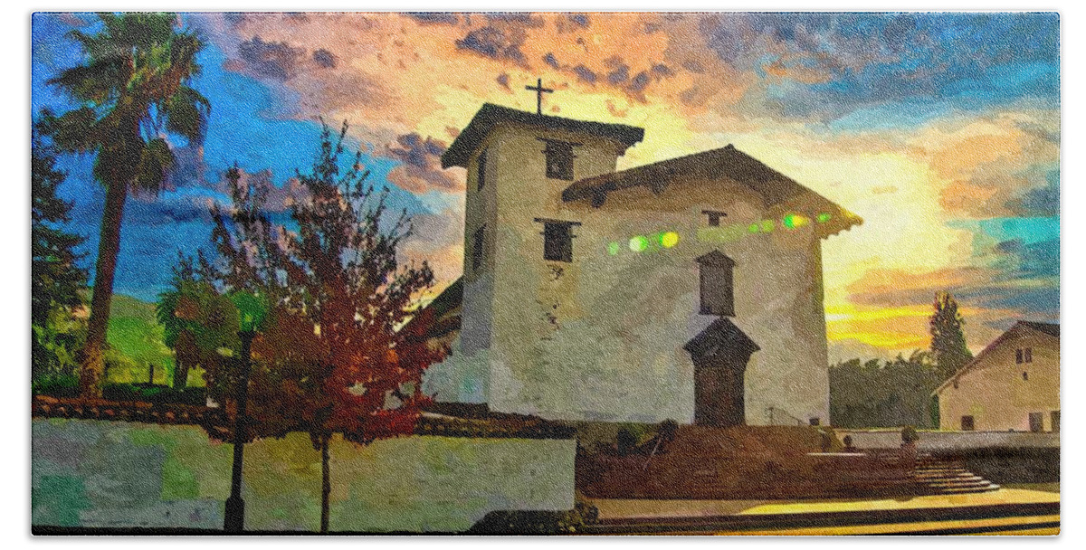 Mission San Jose Hand Towel featuring the digital art Mission San Jose in Fremont, California - watercolor painting by Nicko Prints