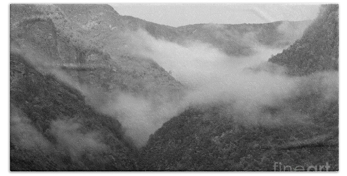 Mountaintop Bath Towel featuring the photograph Misty Mountaintop Black and White by Carol Groenen