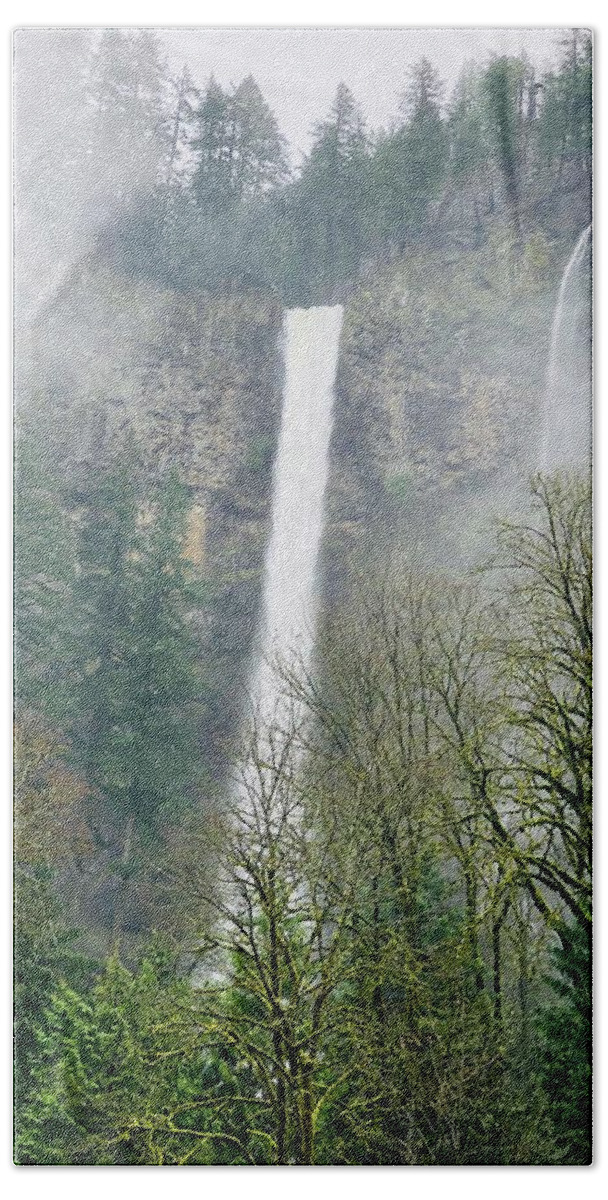 Oregon Bath Towel featuring the photograph Misty Multnomah Falls, Oregon by Tatiana Travelways