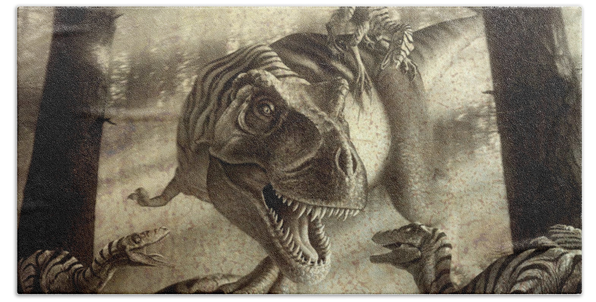 Dinosaur Hand Towel featuring the digital art MMA Dino Style 2 by Jerry LoFaro