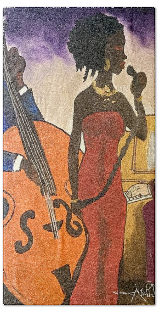  Hand Towel featuring the painting Mo JAZZ by Angie ONeal