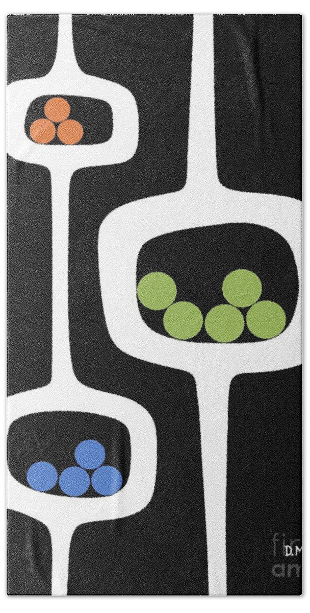 Mid Century Pods Bath Towel featuring the digital art Mod Pod 3 with Circles on Black by Donna Mibus
