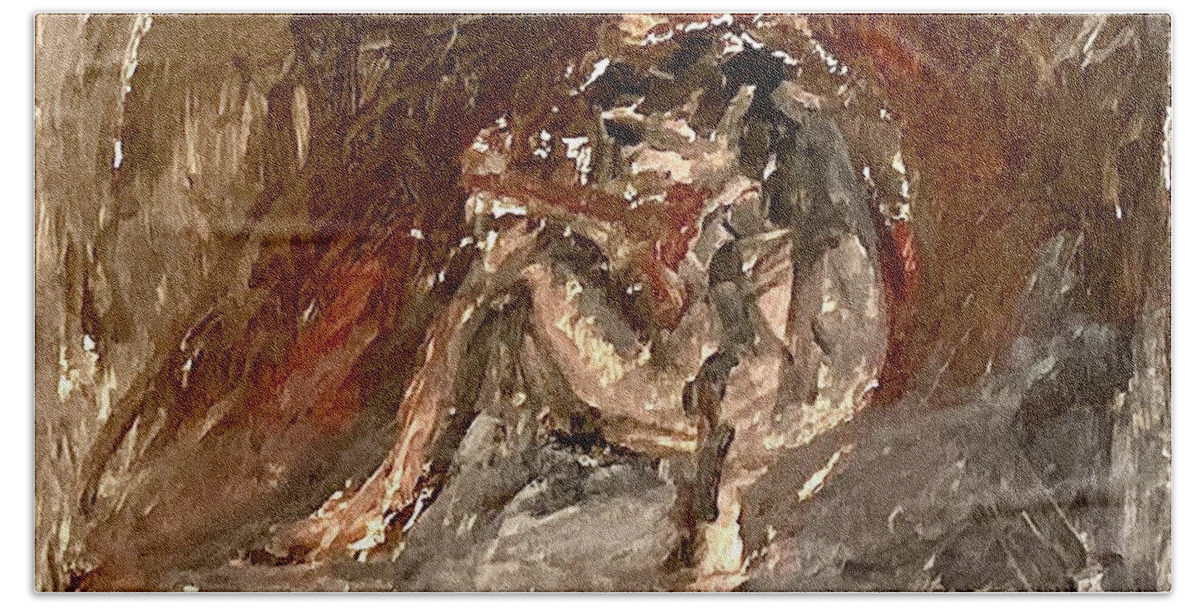 Model Bath Towel featuring the painting Model sitting on the floor II by David Euler