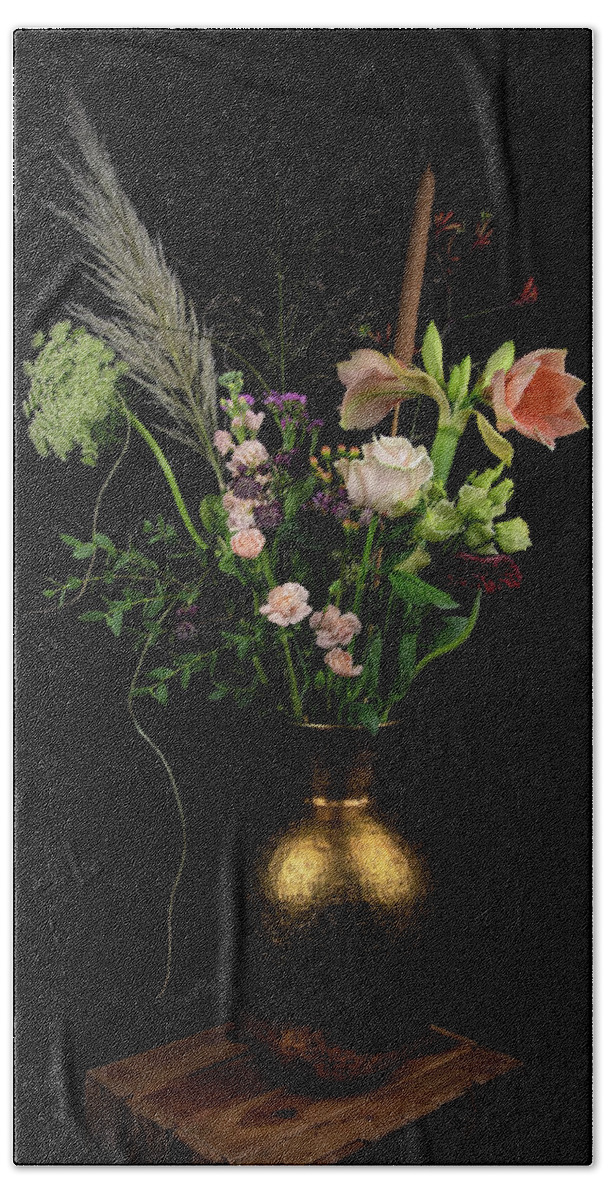 Modern Still Life Bath Towel featuring the photograph Modern Still Life Pink in gold by Marjolein Van Middelkoop